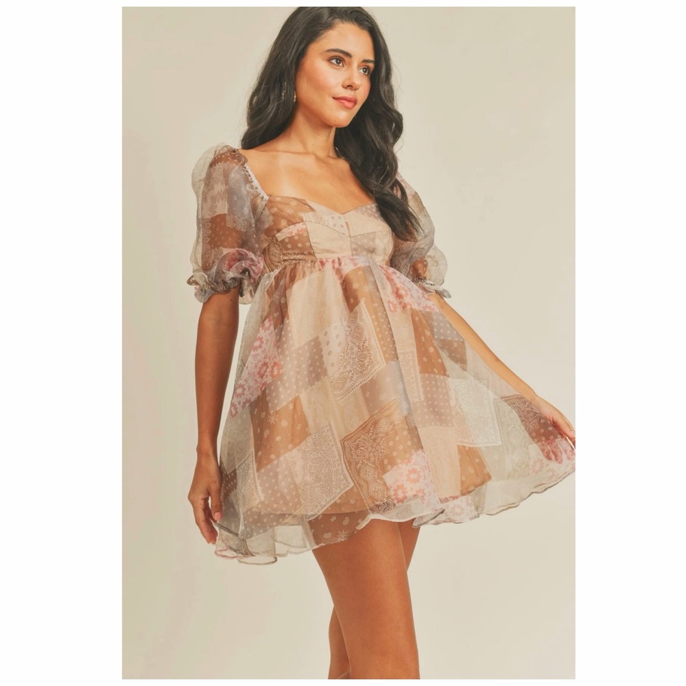 &Merci En Merci Puff Sleeve Patchwork Print Flared Babydoll Dress